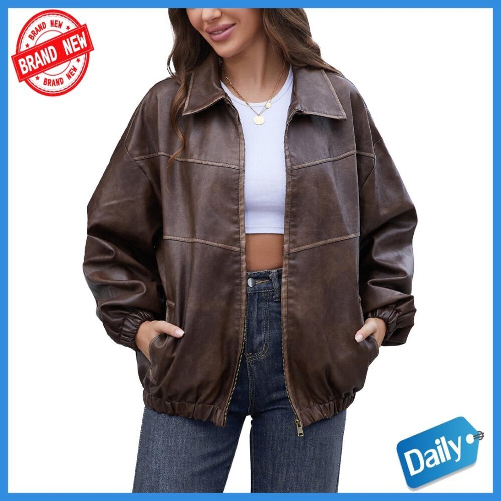 Oversized Faux Leather Motorcycle Jacket Y2K Vintage Plus Size Bomber